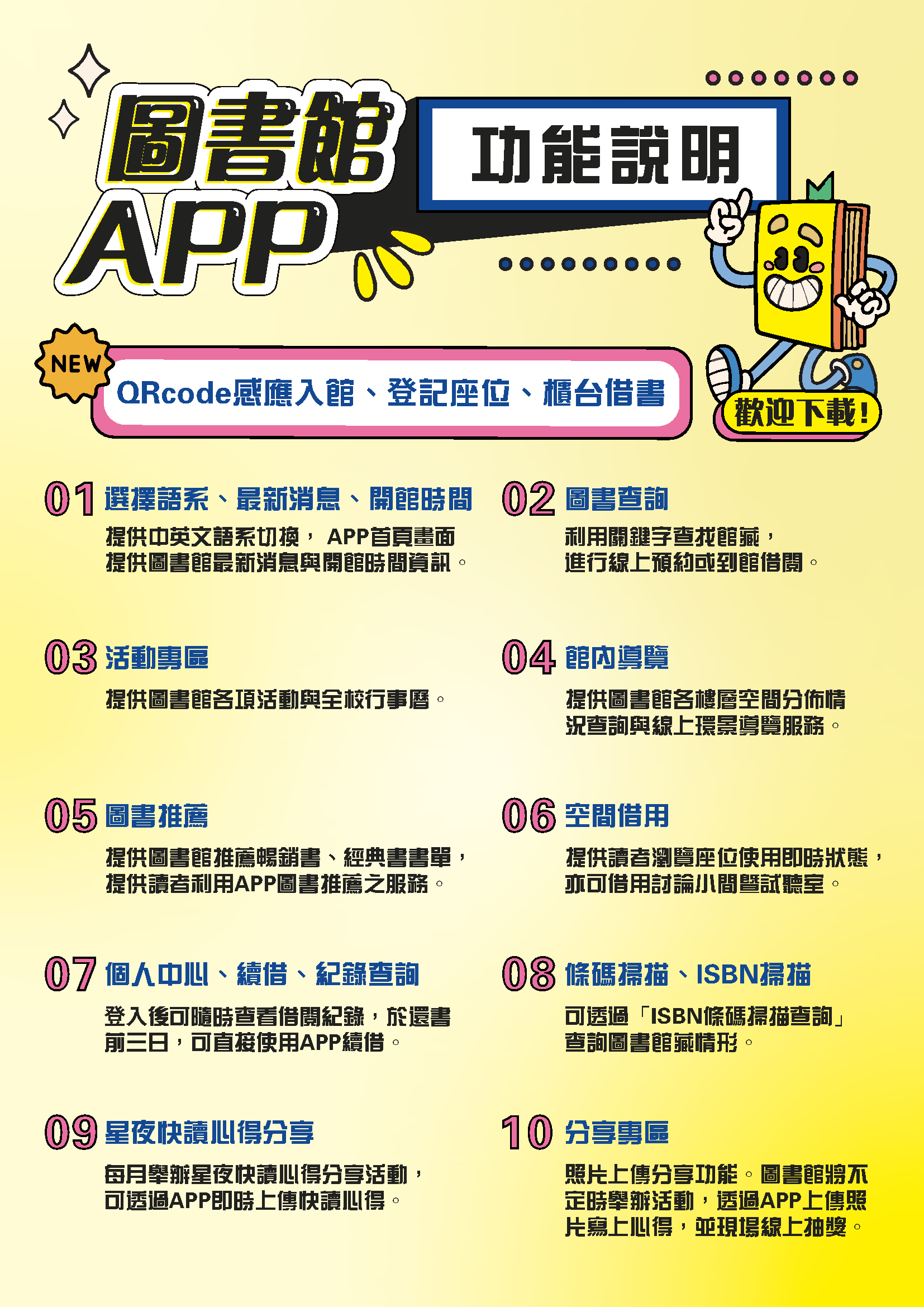 QRCODE感應入館、登記座位、櫃台借書